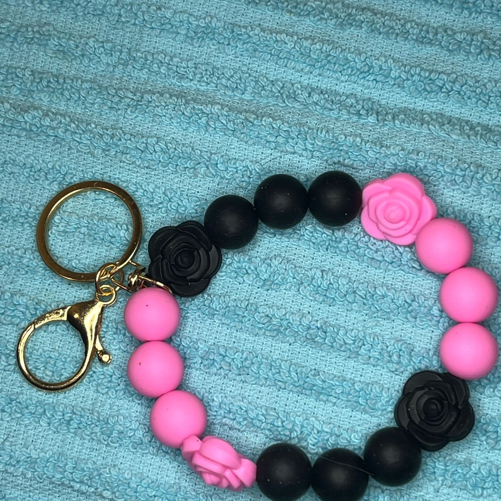 Pink and Black Beaded Keychain Bracelet